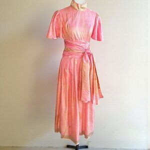 Vintage Handmade Ethnic Mid Eastern Salmon Pink Gold Maxi Dress Flutter Sleeves